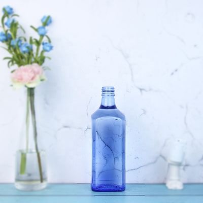 Acid Etch Custom Design Quadrado 750ml Garrafas de vidro de cor azul para Vodka Whisky Unique